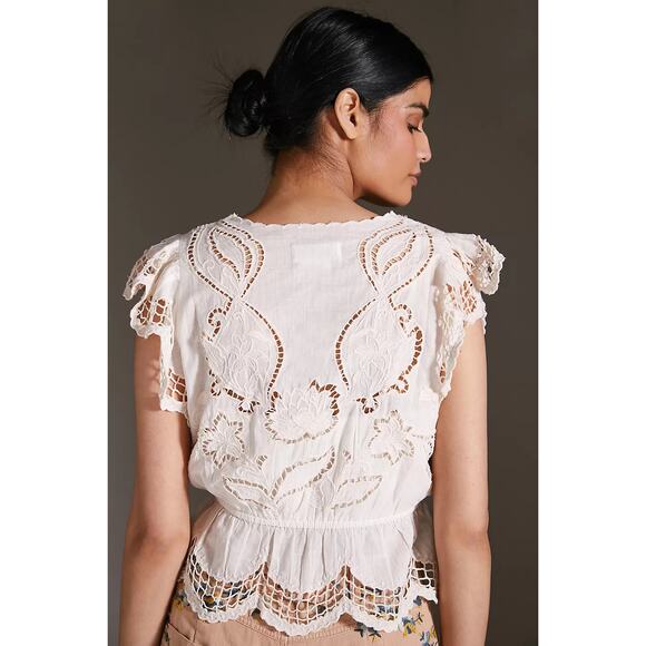 Anthropologie Top Womens Medium? Lace V-Neck Blouse Boxy Cream Peplum - Picture 2 of 12